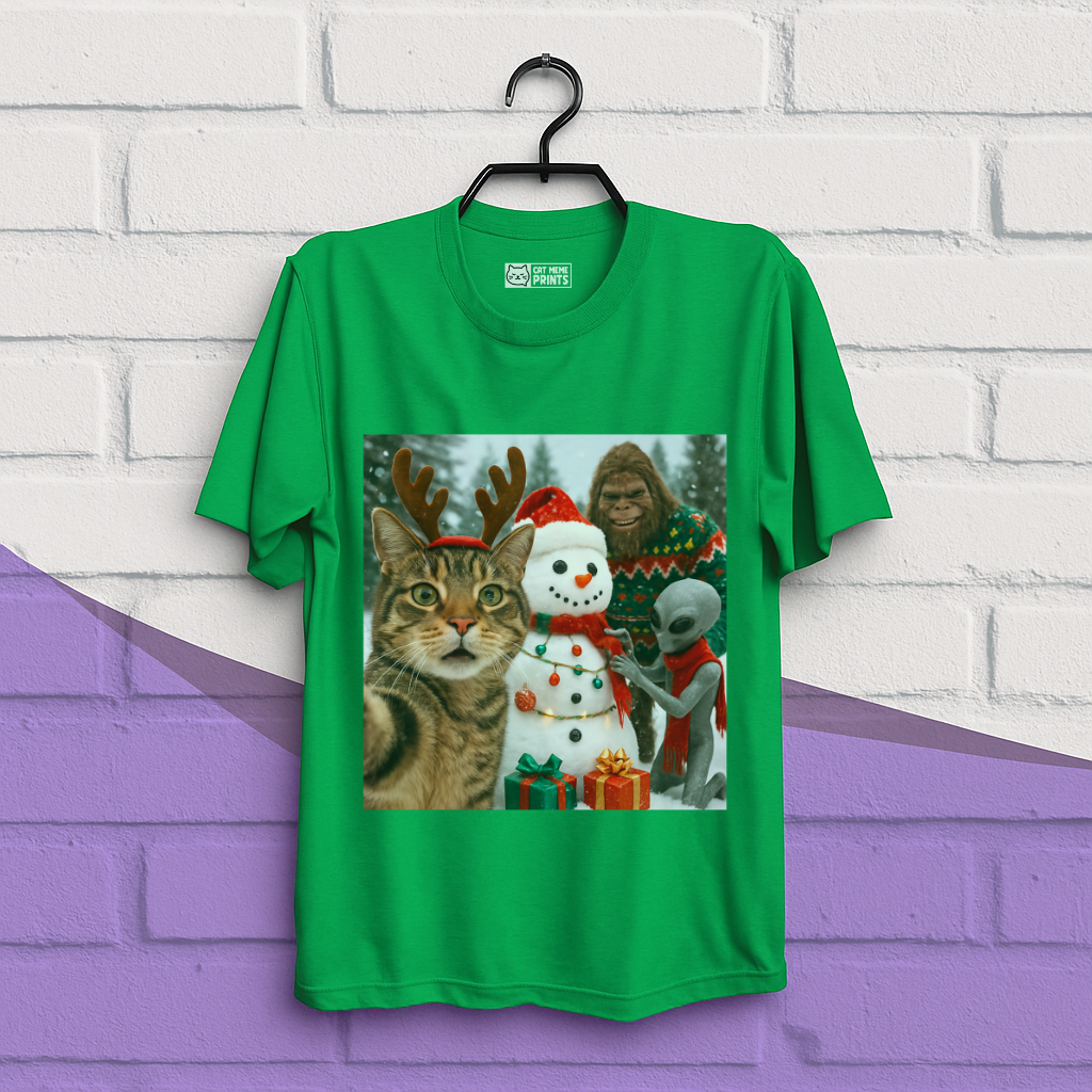 Cat Selfie with Bigfoot Alien & Snowman Christmas T-Shirt