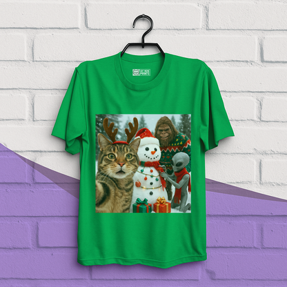 Cat Selfie with Bigfoot Alien & Snowman Christmas T-Shirt