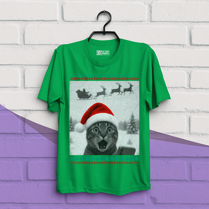 Christmas Cat Selfie with Santa Sleigh T-Shirt