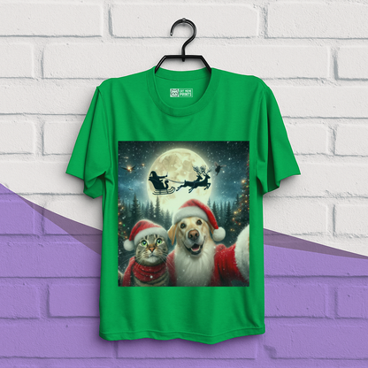 Cat and Dog Selfie with Santa Claus Christmas T-Shirt