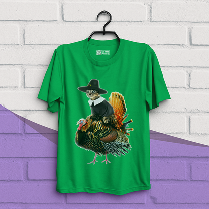 Cat Pilgrim Riding Turkey Thanksgiving T-Shirt