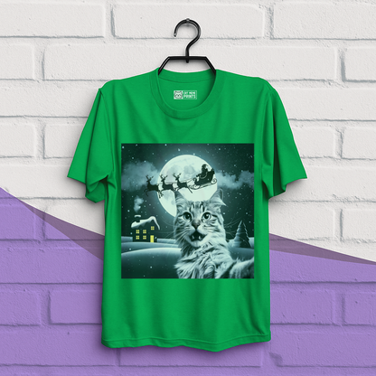 Cat Selfie with Santa Sleigh Christmas T-Shirt