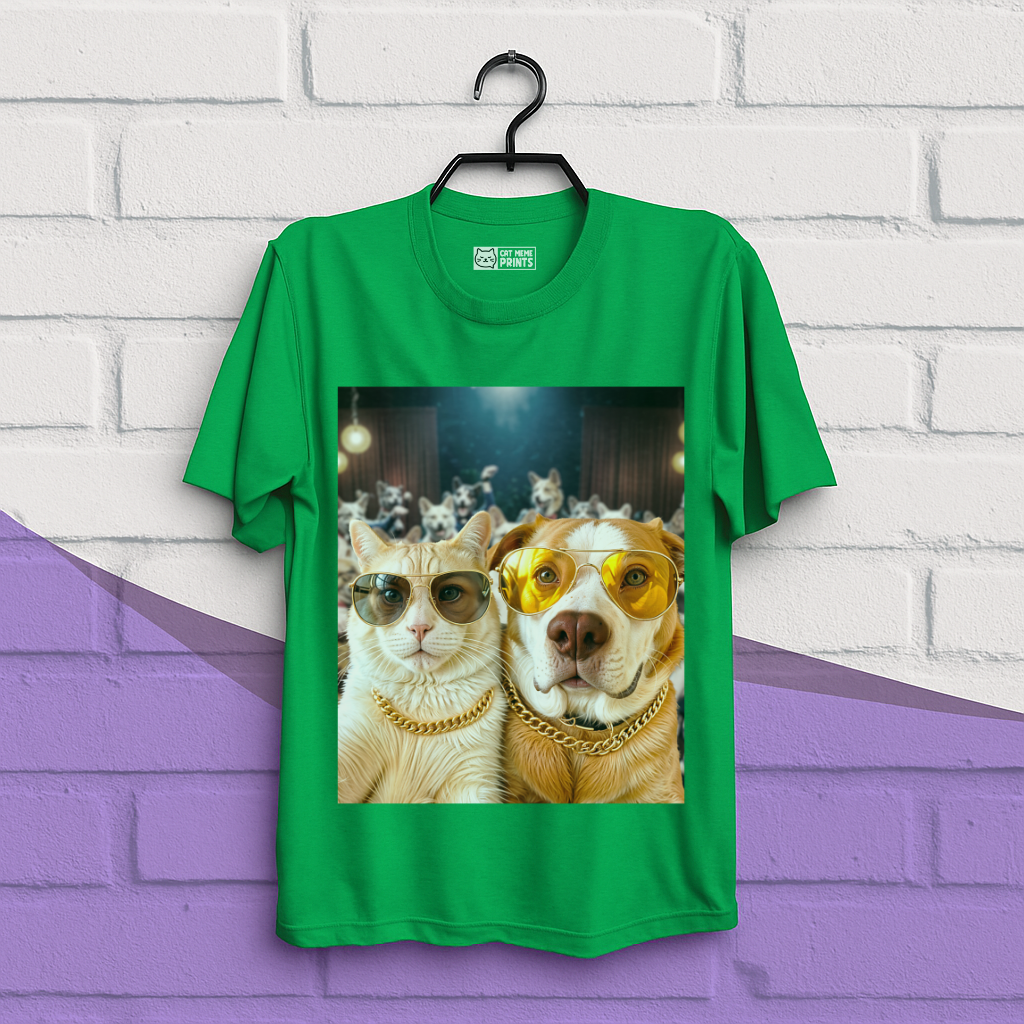 Cat & Dog Selfie in Dogs Party T-Shirt
