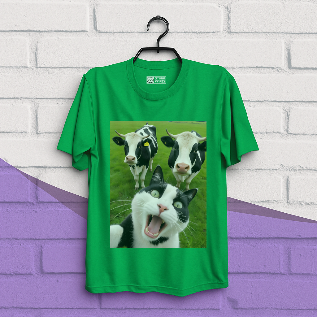 Cat Selfie With Black And White Cow T-Shirt