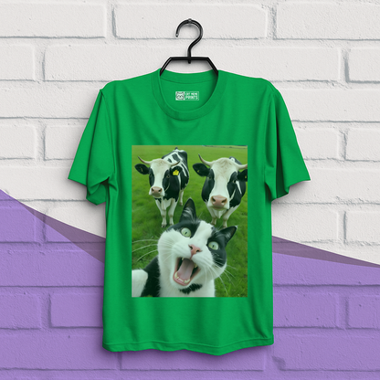 Cat Selfie With Black And White Cow T-Shirt