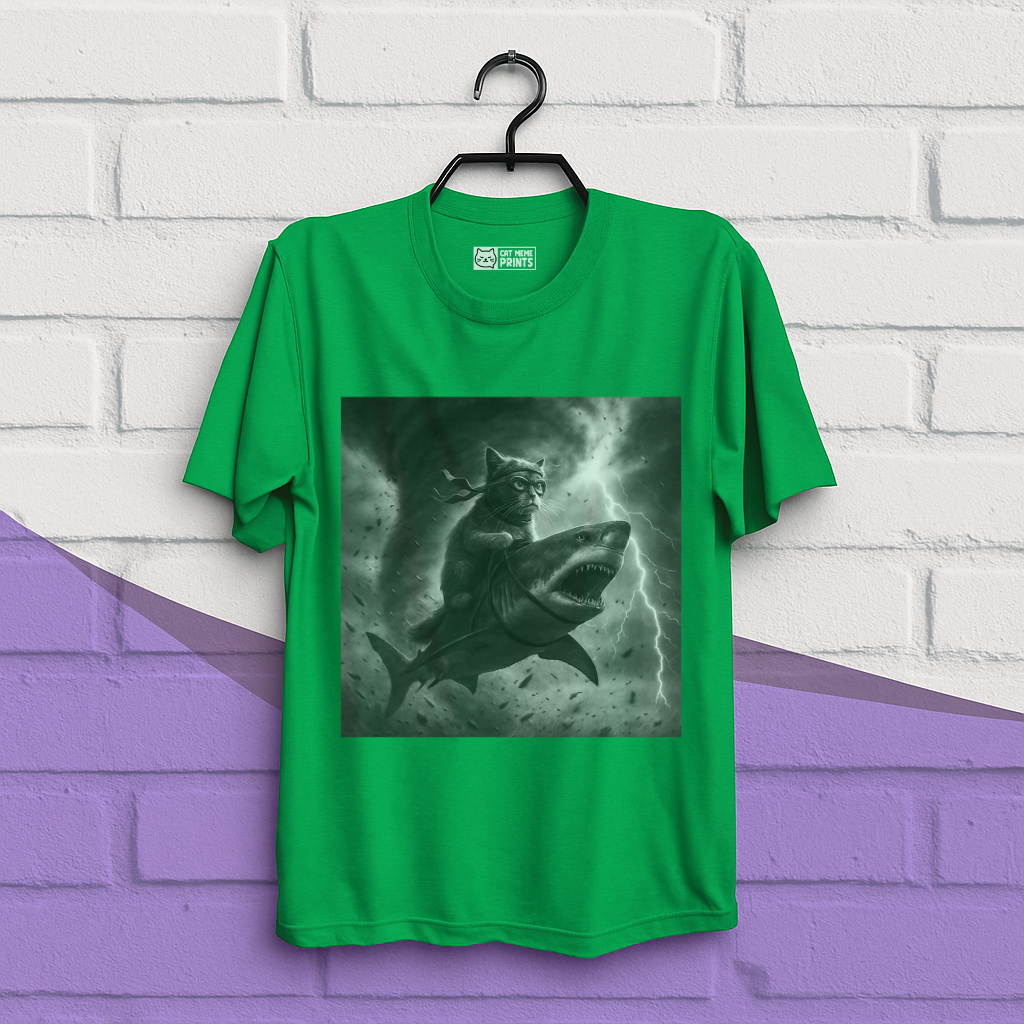 Cat Riding a Shark in Tornado Selfie Cat T-Shirt