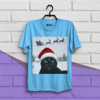 Black Cat Selfie with Santa Sleigh Christmas T-Shirt