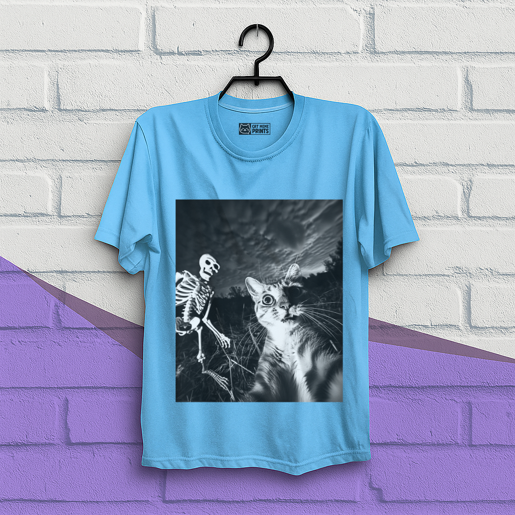 Cat Selfie with Skeleton Halloween T-Shirt