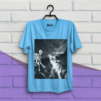 Cat Selfie with Skeleton Halloween T-Shirt