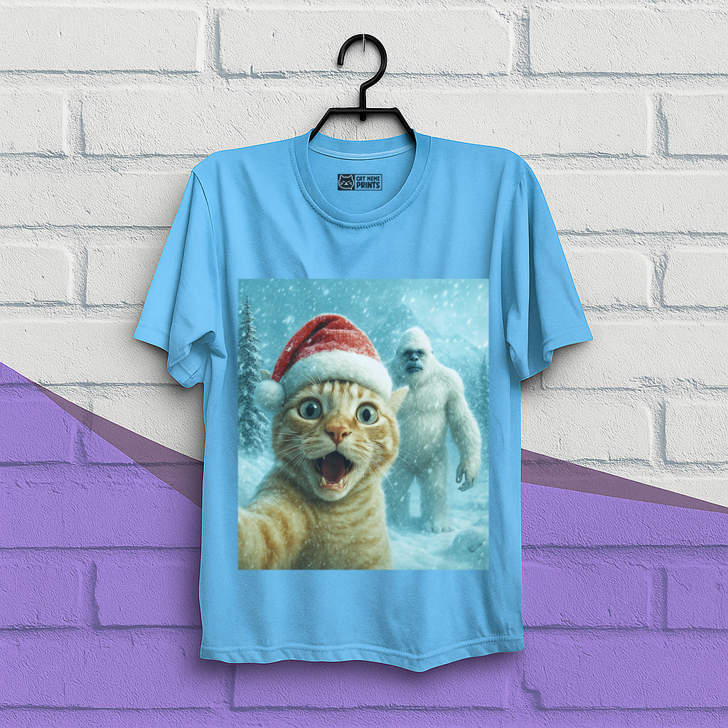 Christmas Cat Selfie with Abominable Snow Monster T-Shirt