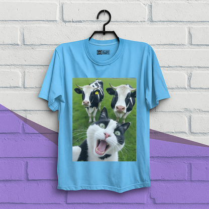 Cat Selfie With Black And White Cow T-Shirt