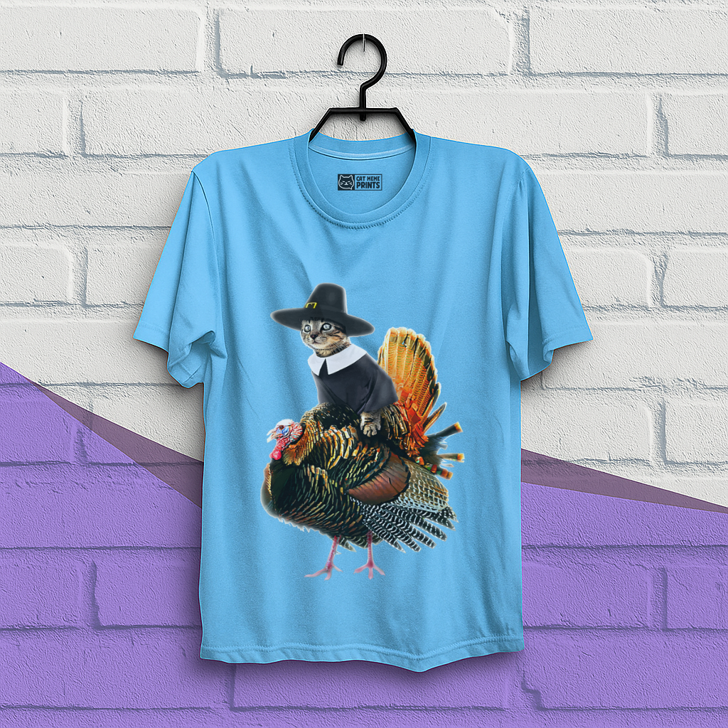 Cat Pilgrim Riding Turkey Thanksgiving T-Shirt