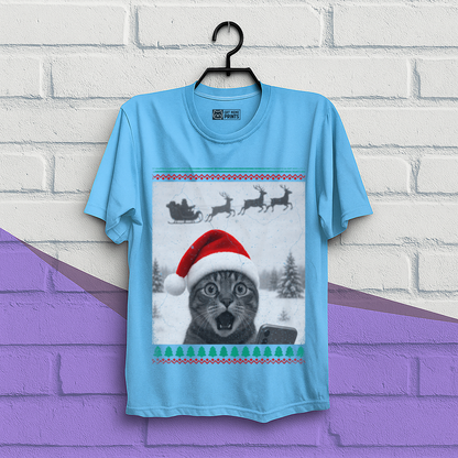 Christmas Cat Selfie with Santa Sleigh T-Shirt