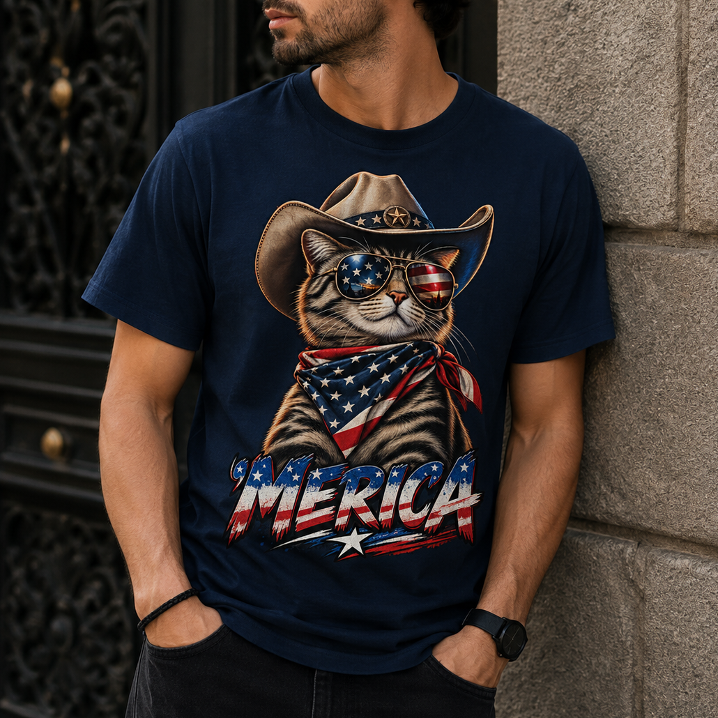 A man wearing a navy blue graphic t-shirt with a patriotic cat wearing a cowboy hat and sunglasses, leaning against a stone wall.