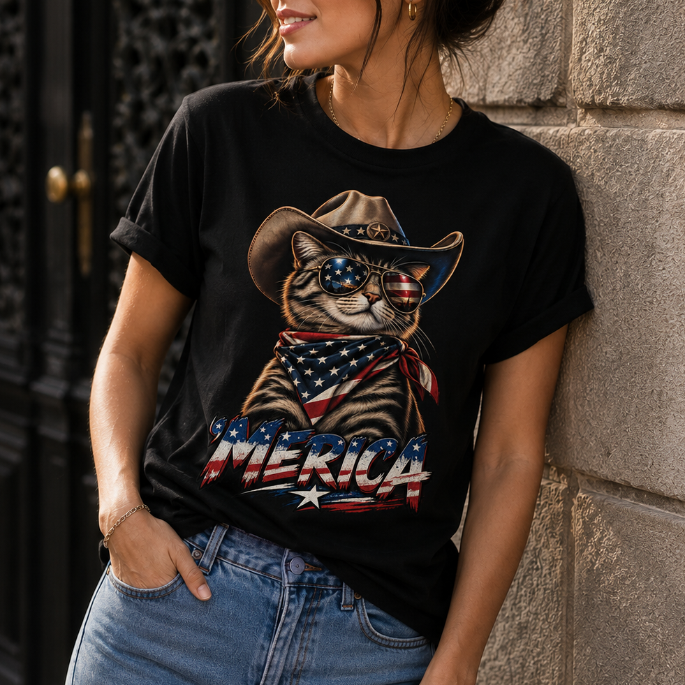 A woman wearing a black graphic t-shirt with a western cat design and blue jeans, leaning against a stone wall.