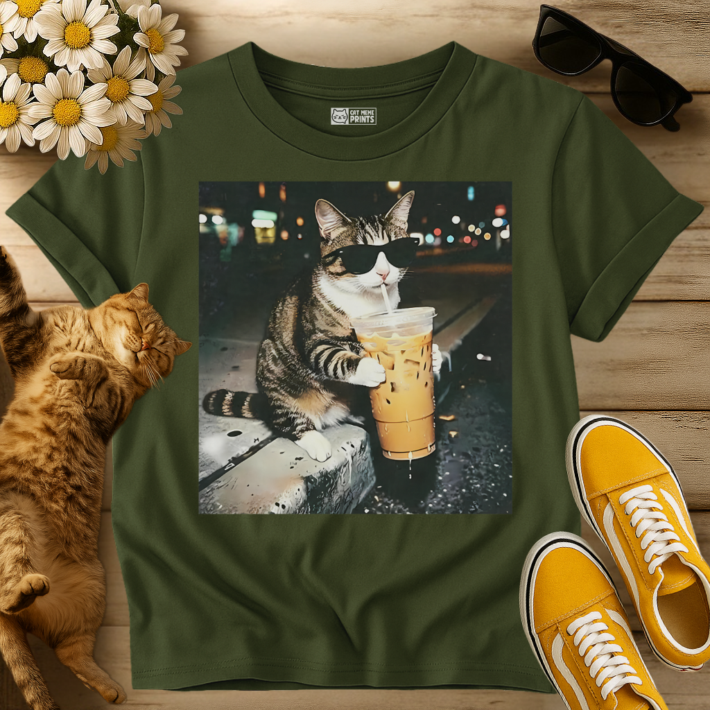 Cat Drinking Iced Coffee T-Shirt