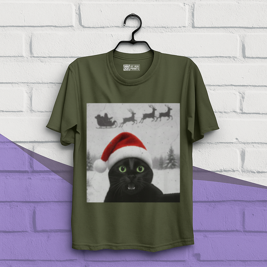 Black Cat Selfie with Santa Sleigh Christmas T-Shirt