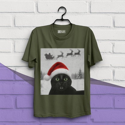 Black Cat Selfie with Santa Sleigh Christmas T-Shirt