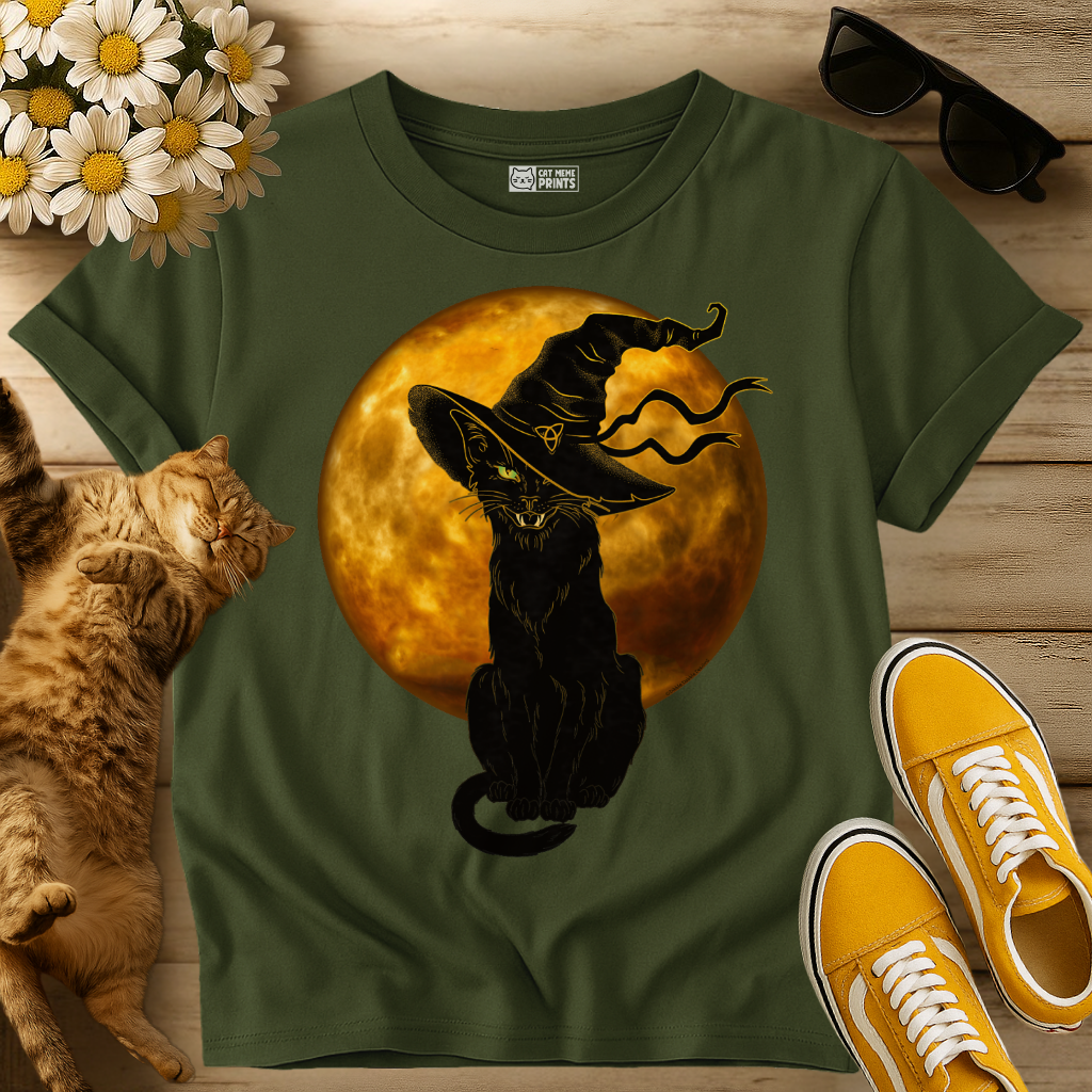 Scary Black Cat Witch Hat Moon T-Shirt