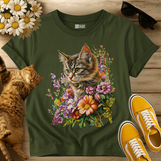 Cute Kitten Floral Graphic T-Shirt