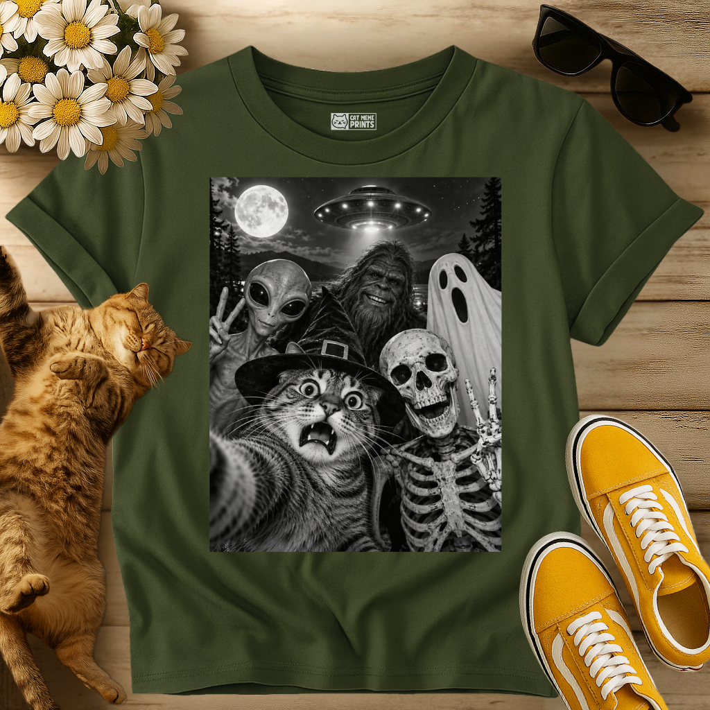 Cat Selfie Witch Skeleton Alien Bigfoot Ghost UFO T-Shirt