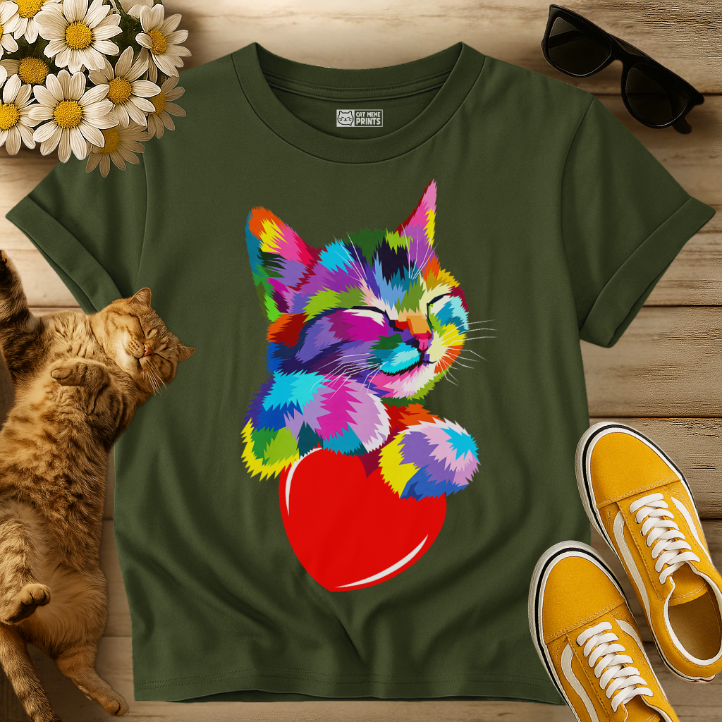 Cute Kitty Hugging Heart Rainbow T-Shirt