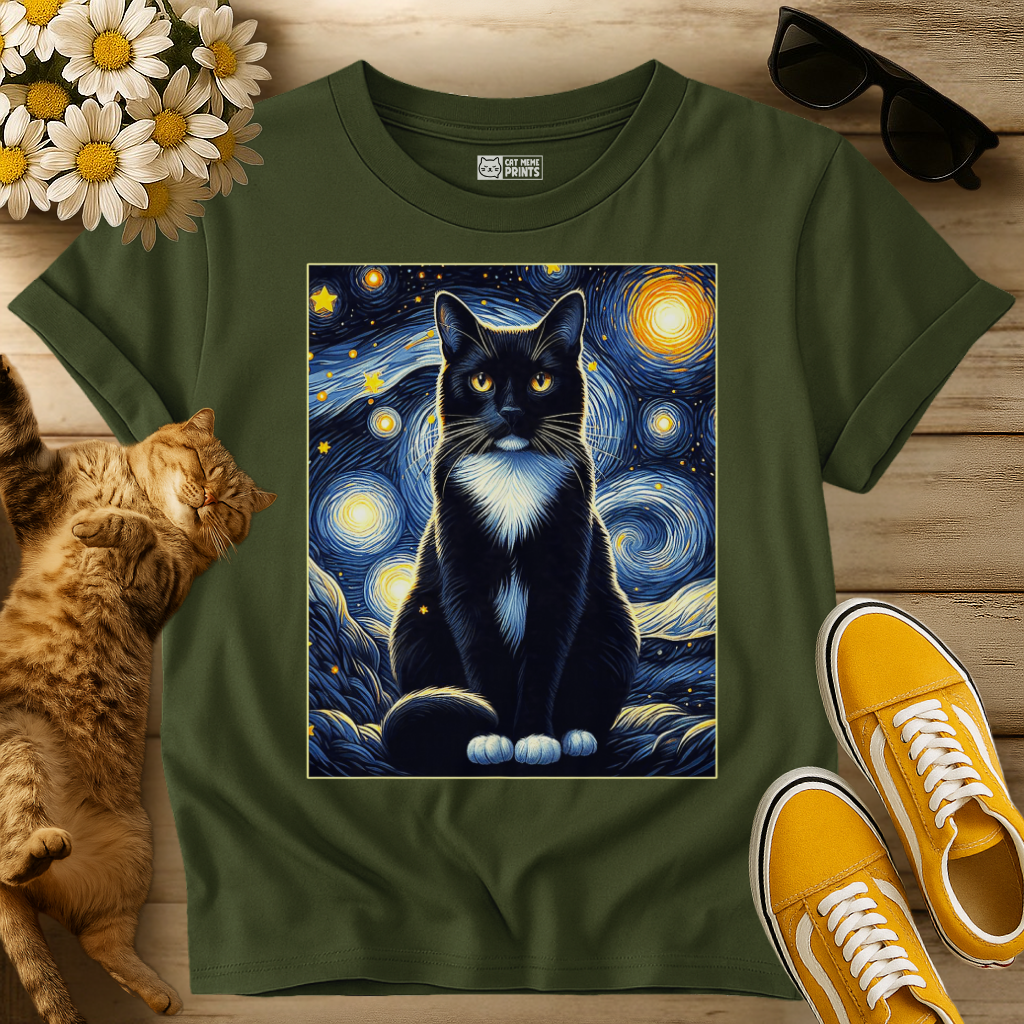 Tuxedo Cat Starry Night T-Shirt