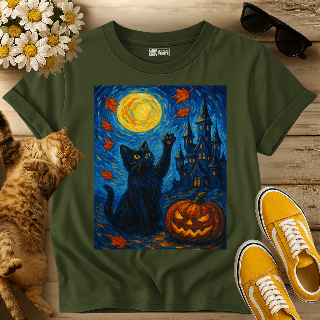 Black Cat Van Gogh Starry Night Halloween T-Shirt