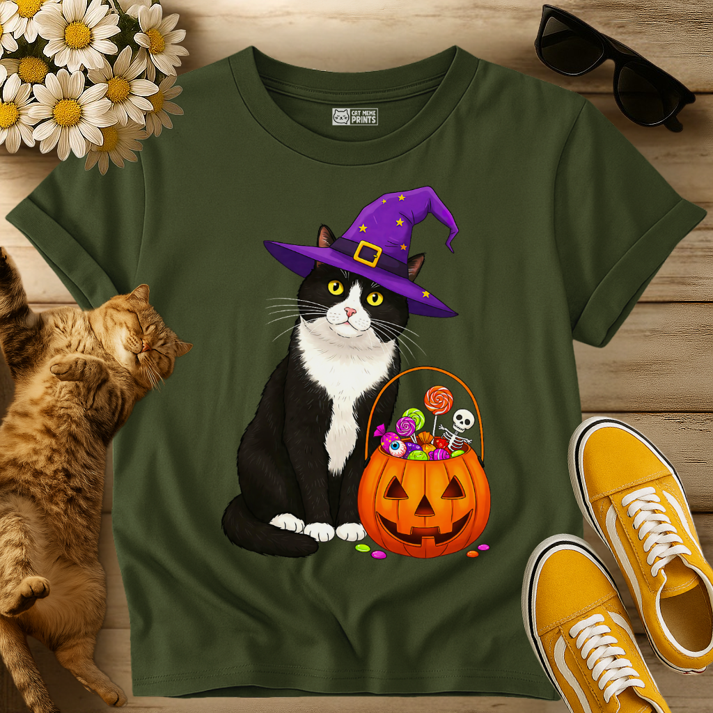 Witch Cat with Pumpkin Candy Basket T-Shirt