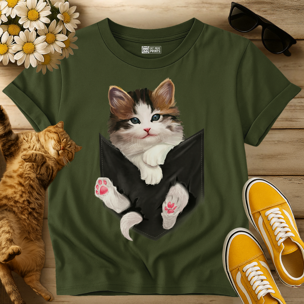 Cute White Kitty in Pocket T-Shirt