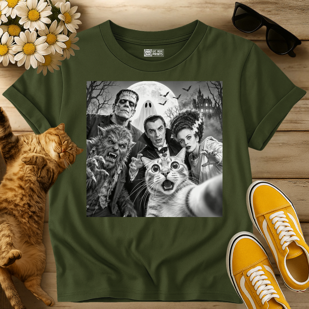 Cat Selfie with Horror Movie Monsters T-Shirt