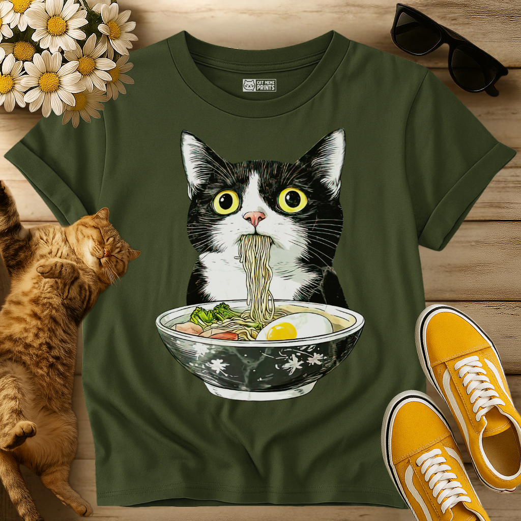 Tuxedo Cat Japanese Eating Ramen T-Shirt