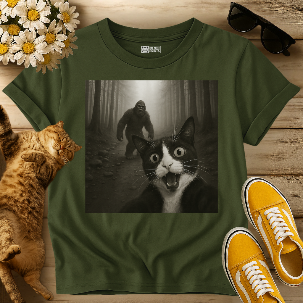 Tuxedo Cat Selfie with Bigfoot T-Shirt