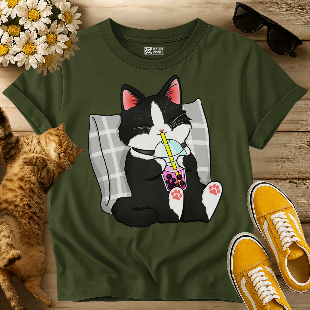 Tuxedo Cat Drinking Boba Milk Tea T-Shirt