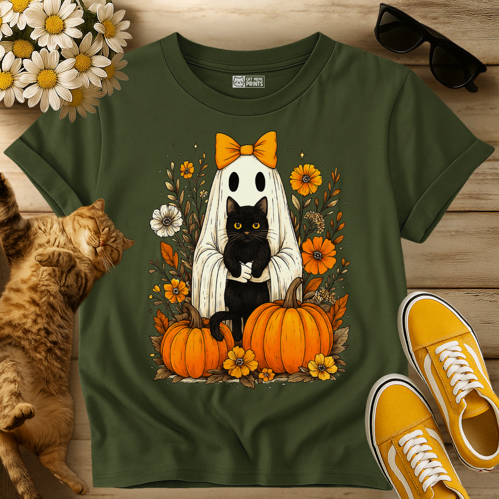 Ghost Holding Black Cat Floral T-Shirt