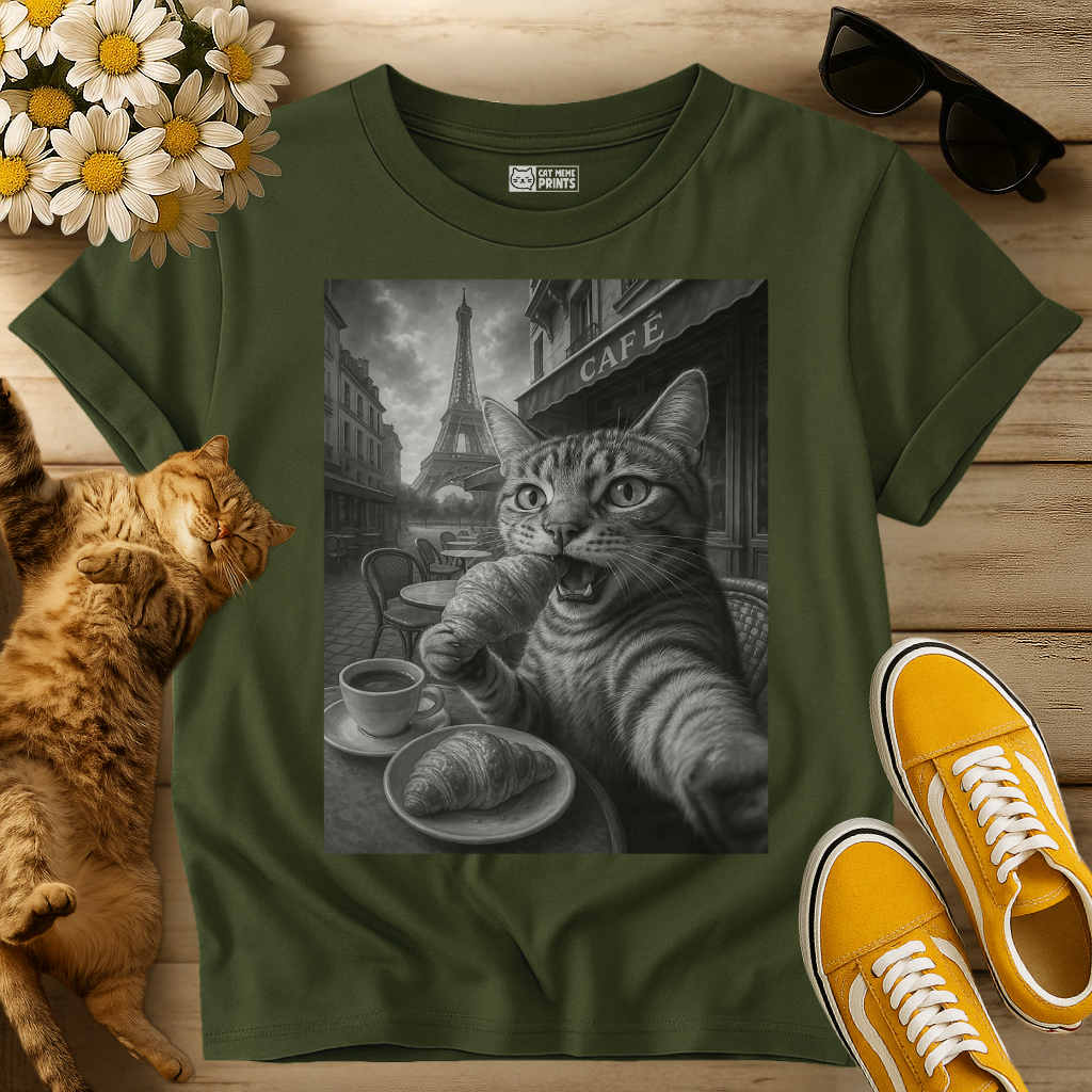 Paris Cat Selfie Eating Croissant by Eiffel Tower T-Shirt