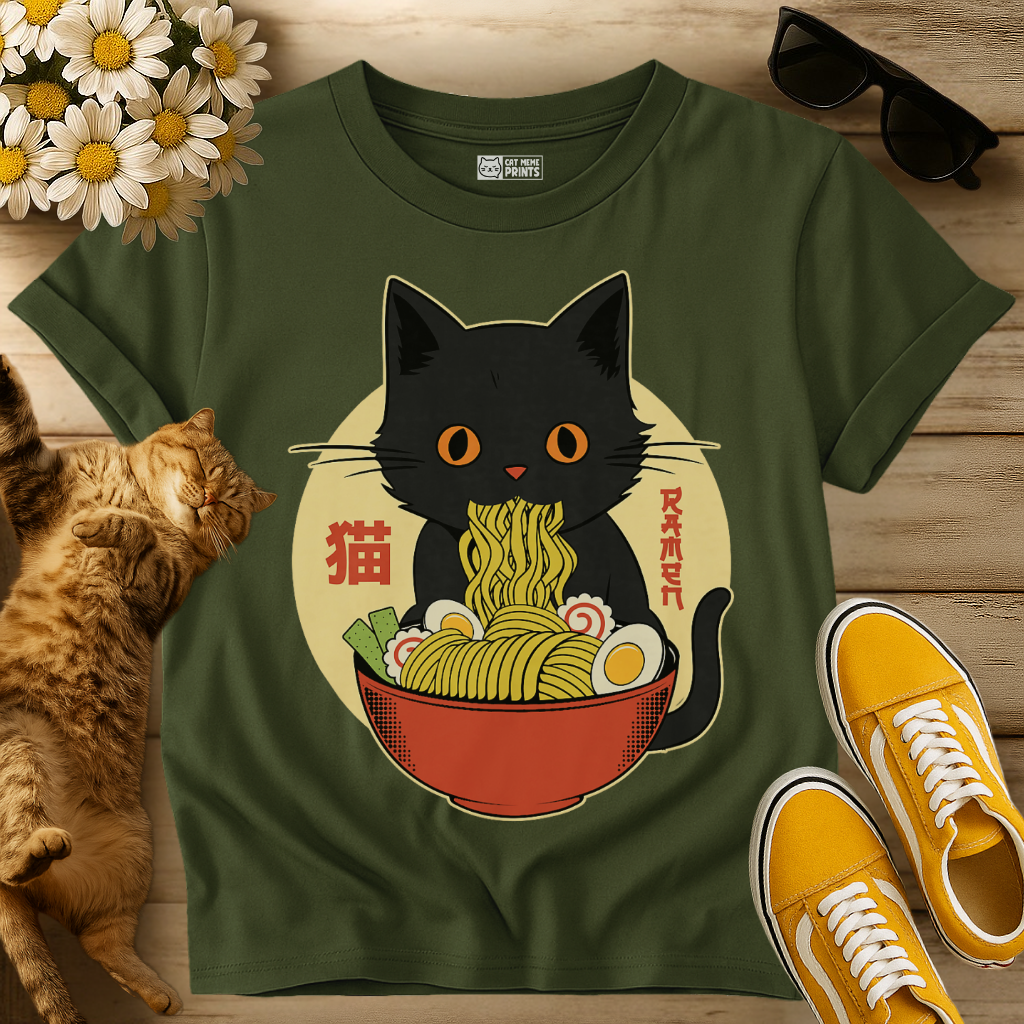 Kawaii Cat Eating Ramen Noodles T-Shirt