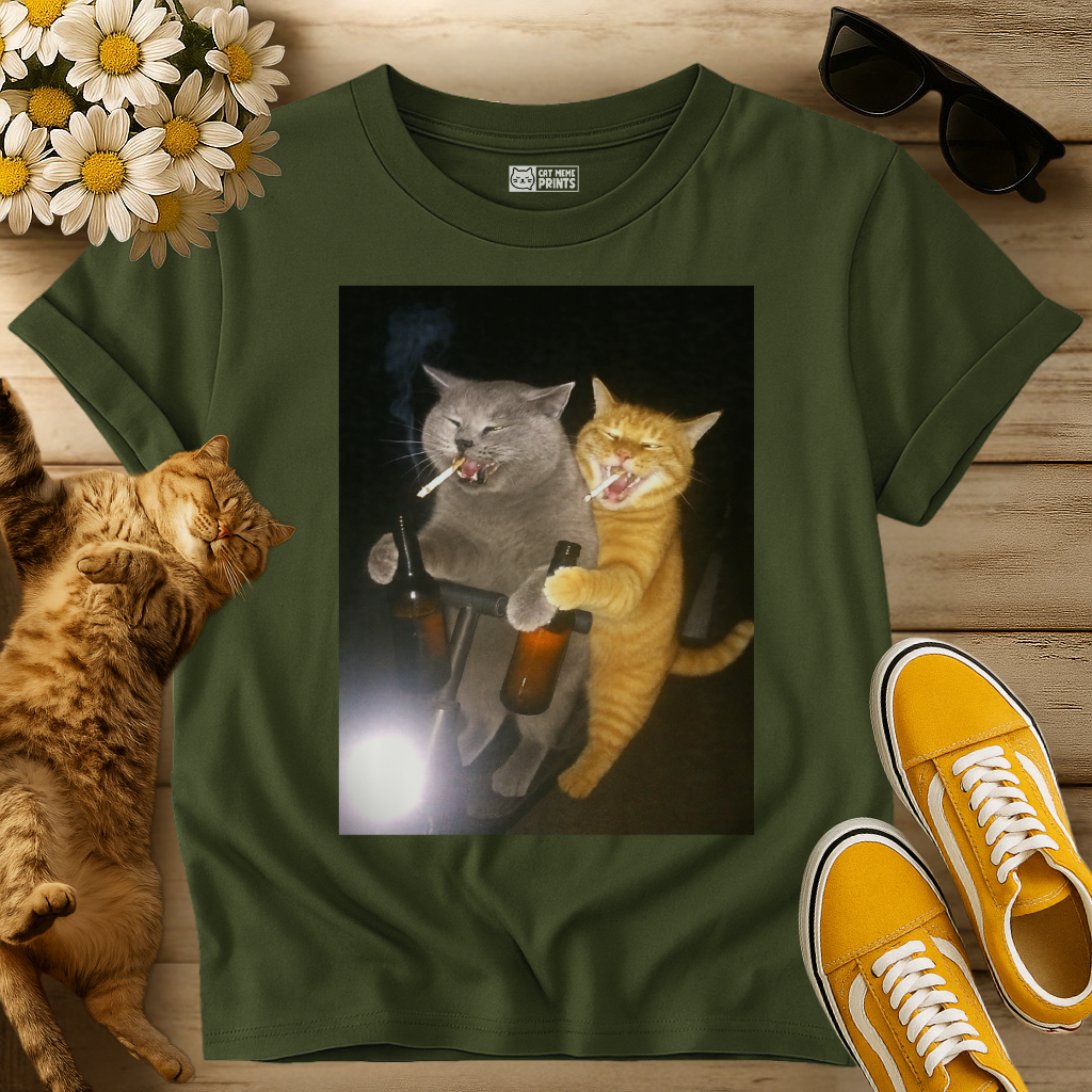 2 Cats Drinking and Smoking on Scooter T-Shirt