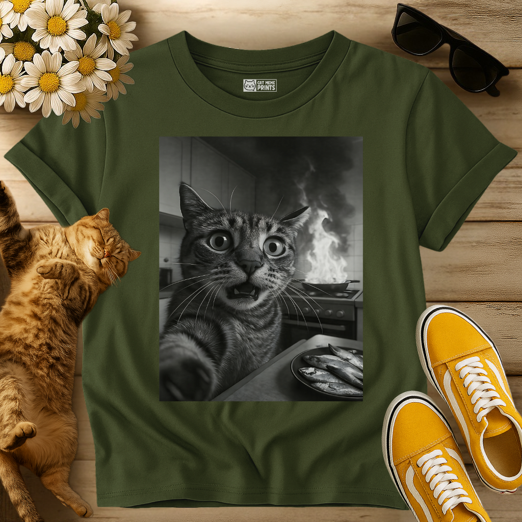 Cat Selfie with Burning Kitchen T-Shirt