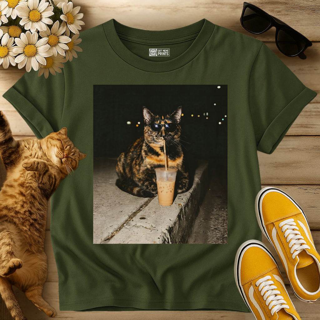 Tortoiseshell Cat Drinking Iced Coffee T-Shirt