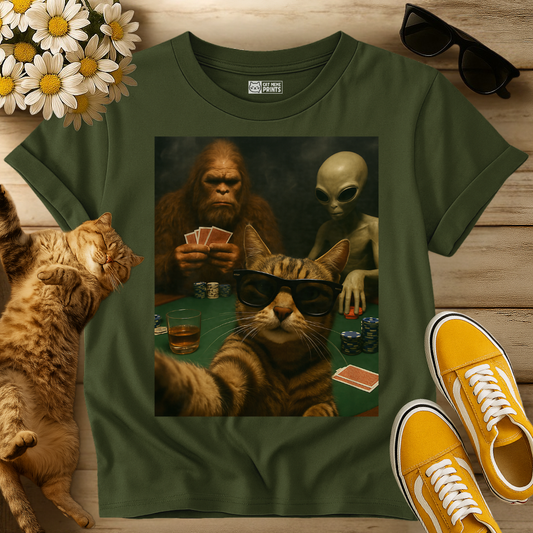 Cat Poker Selfie Bigfoot & Alien T-Shirt