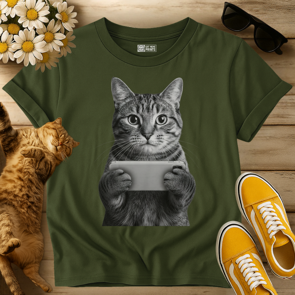 Tabby Cat Holding a Phone T-Shirt