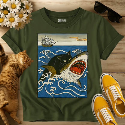 Black Cat Hunting Shark T-Shirt
