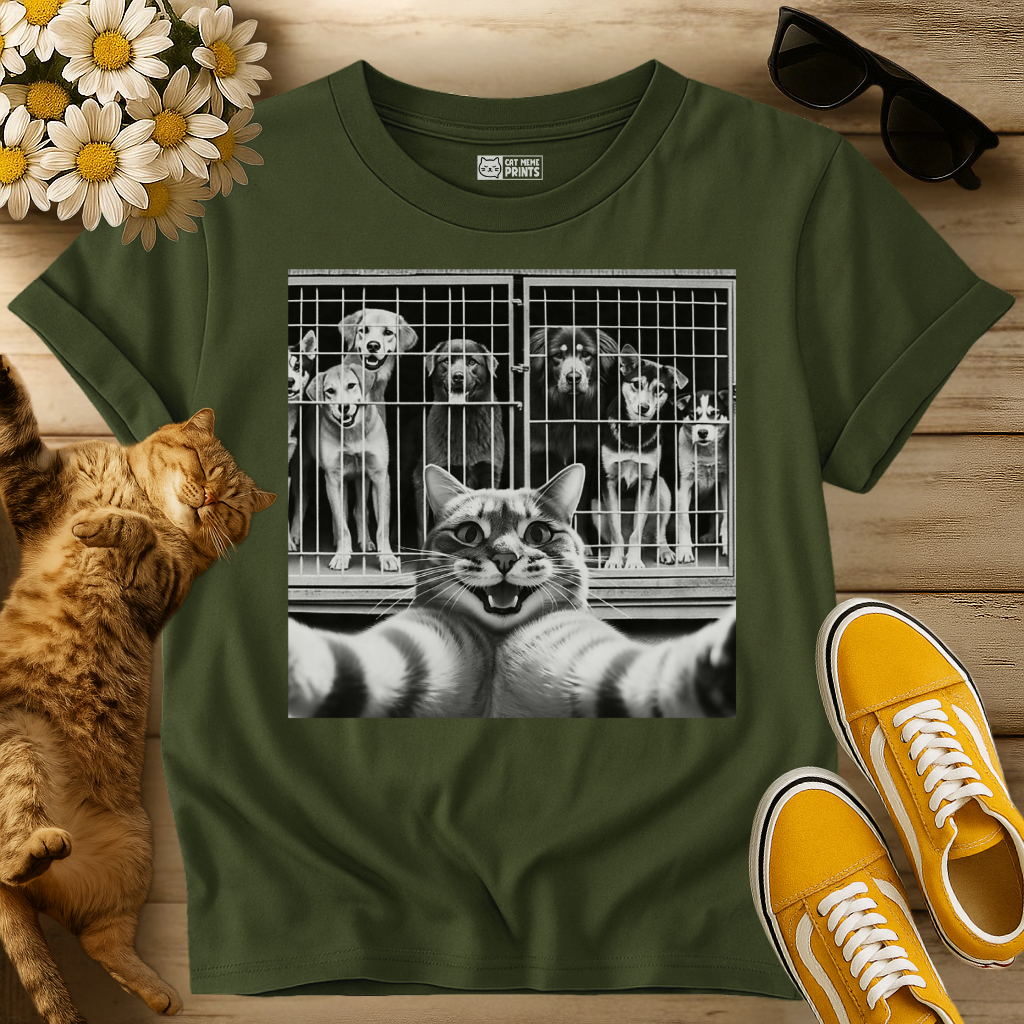 Cat Selfie with Dogs in a Cage T-Shirt
