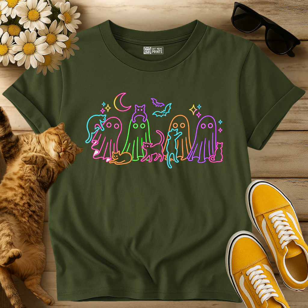 Neon Halloween Ghosts Cats T-Shirt
