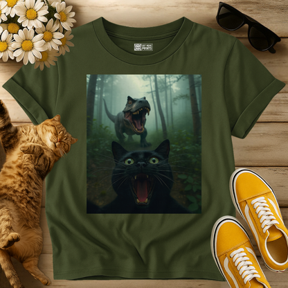 Black Cat Selfie with T-Rex T-Shirt