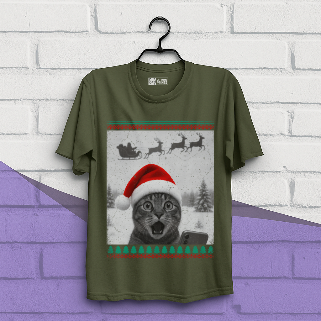 Christmas Cat Selfie with Santa Sleigh T-Shirt