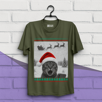 Christmas Cat Selfie with Santa Sleigh T-Shirt