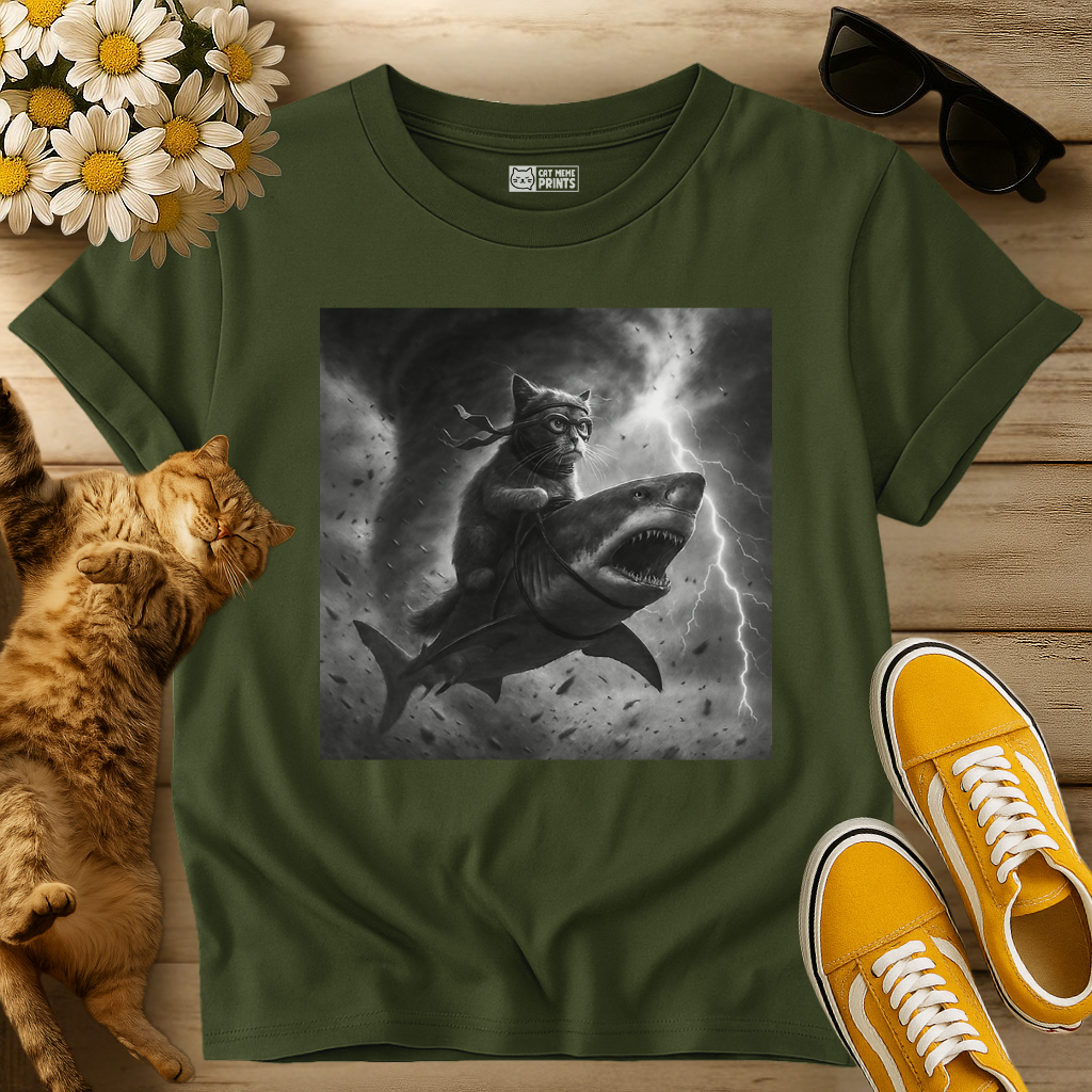 Cat Riding a Shark in Tornado Selfie T-Shirt