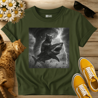 Cat Riding a Shark in Tornado Selfie T-Shirt